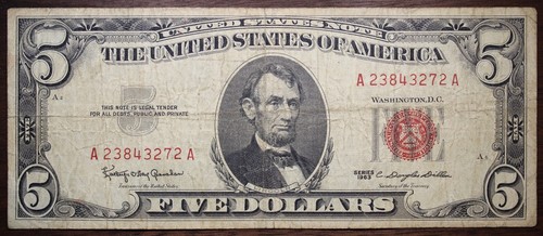 1963 $5 Red Seal Federal Reserve Note Circulated Note P31 - 第 1/2 張圖片