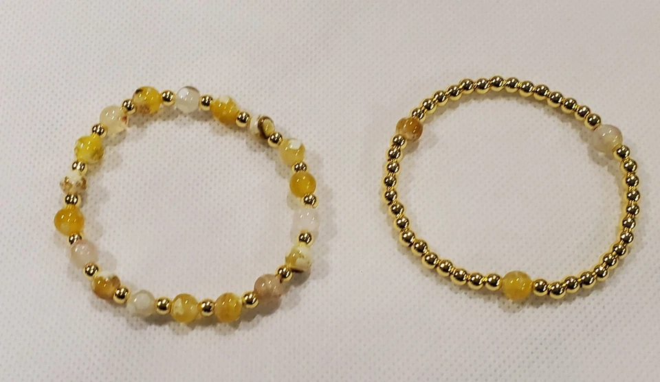 18 克拉镀金珠手链带天然黄色玛瑙珠。 2件套 — 第 2/2 张图片