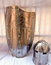 Medieval Knight Shield 18G Steel Metal stander Size W/Functional Barbuta Helmet