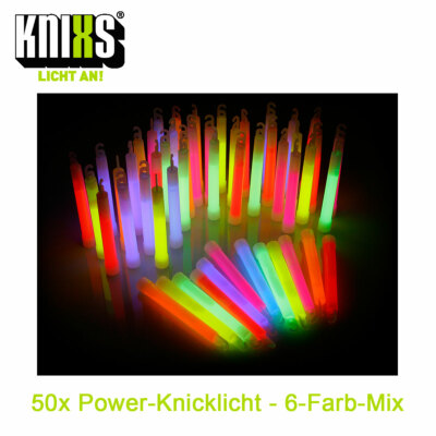 50er Pack Power-Knicklichter/Knicklicht (15cm) inkl. Spezialhaken - 6-Farb-Mix