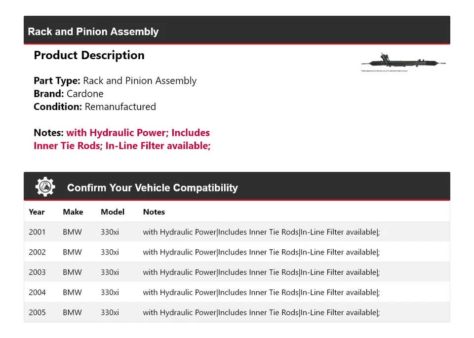 Conjunto de piñón y cremallera Cardone para BMW 330xi 2001-2005 2002 2003 2004 Foto 2 de 4