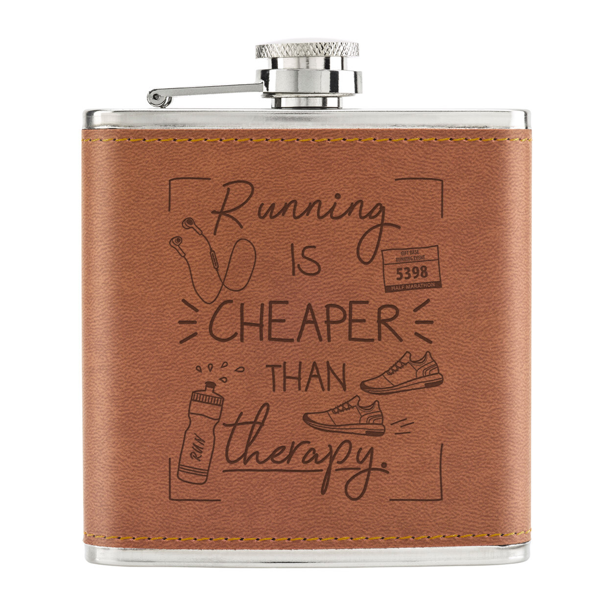 Running Is Cheaper Than Therapy 6oz PU Leather Hip Flask Tan Joke Marathon