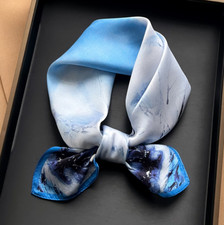 100 Silk Mulberry Scarf 53X53cm Women Square Bandana Wrap Blue oil painting