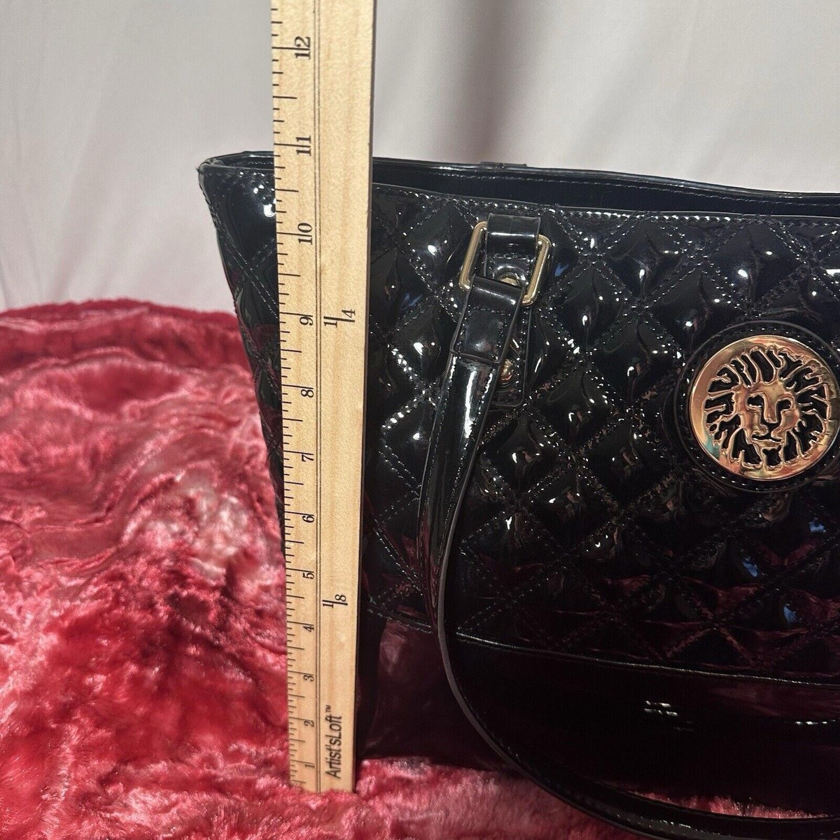 Anne Klein Purse Tote Black Quilted Shiny Vinyl Shoulder Bag Charm With Wristlet View 3