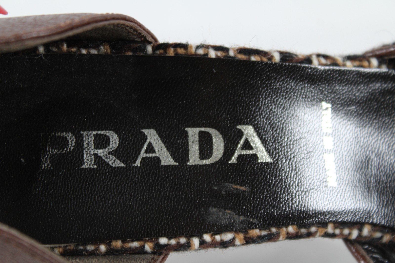 PRADA Vintage Brown Leather & Tweed Peep-Toe D'Orsay Curved Heels Pumps 38 thumbnail 10