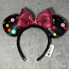 Disney Parks Minnie Mouse Ears Headband Black w/ Multicolor Dots Pink Sequin Bow