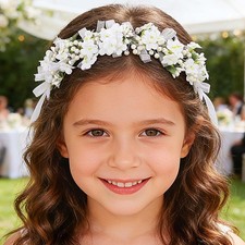 Flower Girls Headband White Floral Headpiece Pearl Communion Hair Accessory