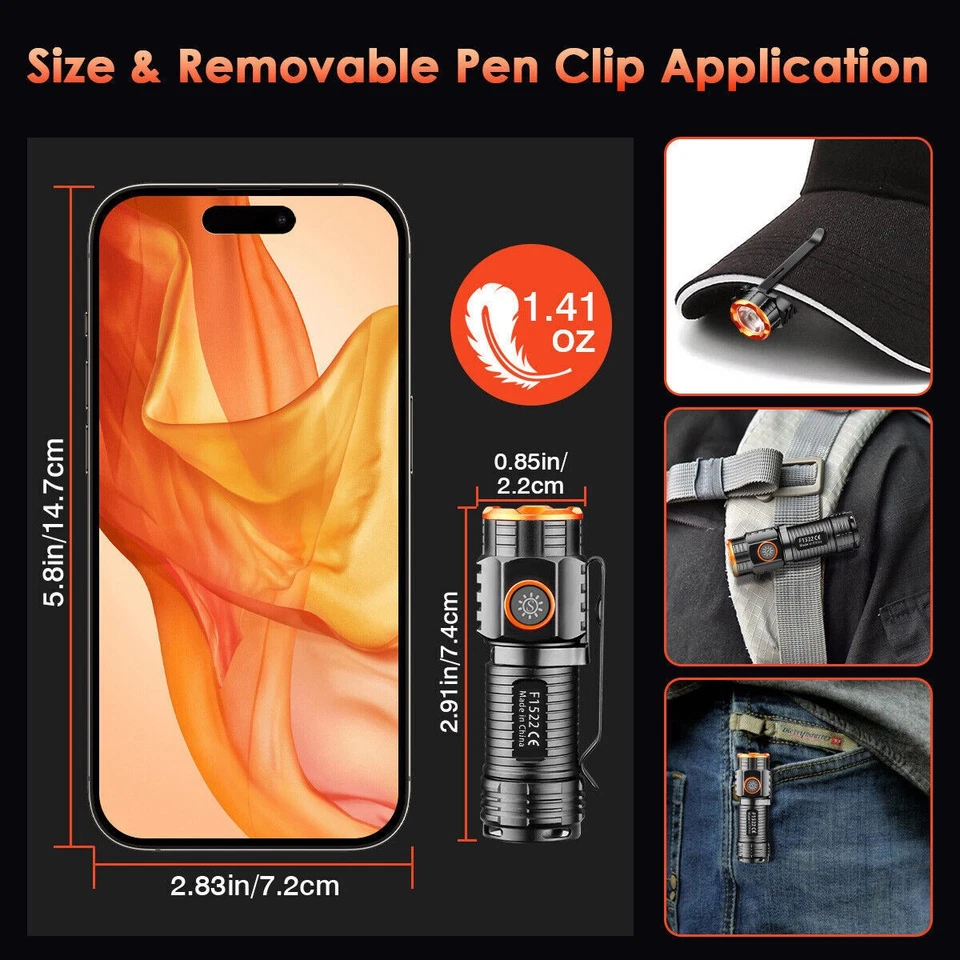 1-10x Magnetic LED Flashlight Rechargeable EDC Pocket Mini Hat Lights Headlamp - Image 3 of 4