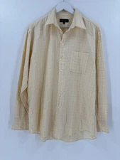Perry Ellis Portfolio Button Down Shirt Mens 16 Large Yellow Windowpane Plaid