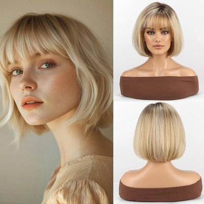 100% Echthaar Blond Highlight Bob Cut Perücken mit Pony 13x4 Lace Front Perücken