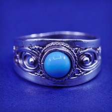 Size 7, vintage sterling silver handmade ring, 925 filigree band with blue onyx