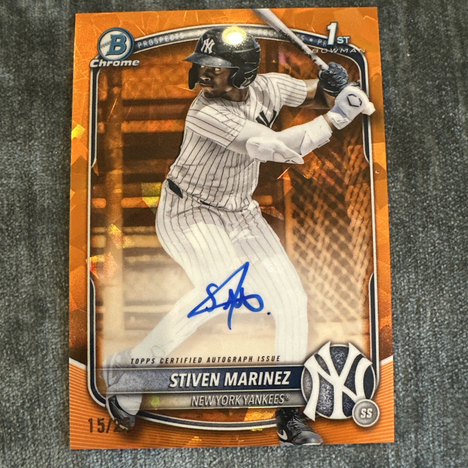 15/25! STIVEN MARINEZ 2025 BOWMAN CHROME 1ST SAPPHIRE ORANGE AUTO /25