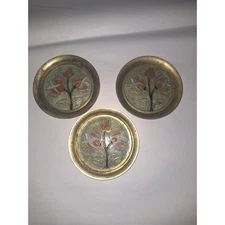 Vintage 3 PC Set Of Brass Inlaid Coasters Trinket Holders Earring/Ring Dish