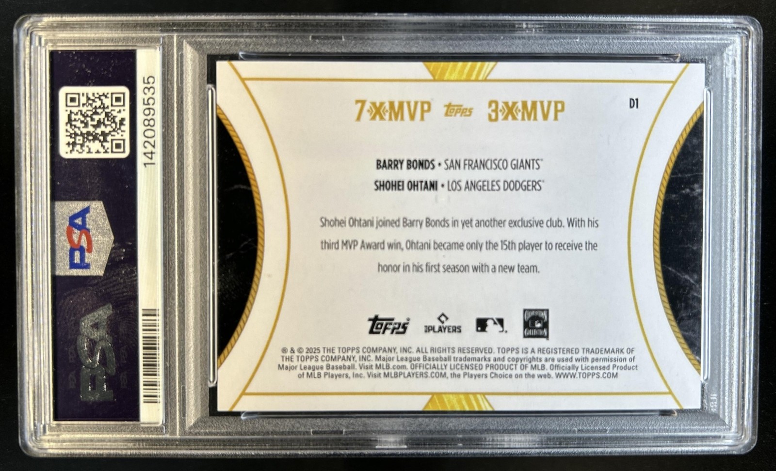 2025 Topps Welcome to the Club MVP Shohei Ohtani Barry Bonds Aqua #/75 PSA 10 view 2