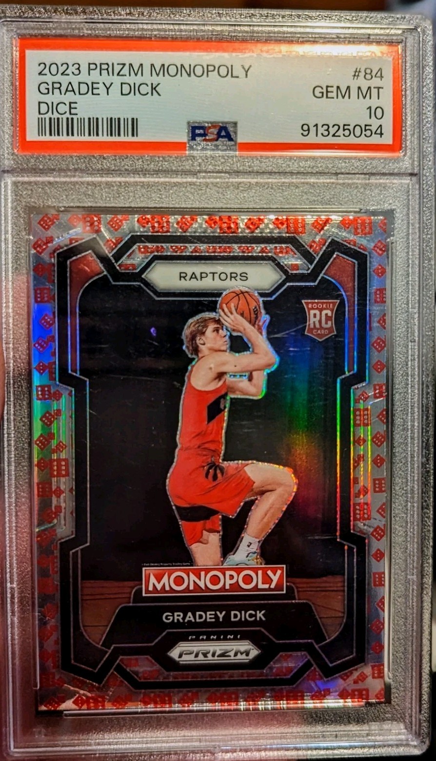 2023  Prizm Monopoly Rookie GRADEY DICK Red Dice SSP Card RC Raptors #84 PSA 10