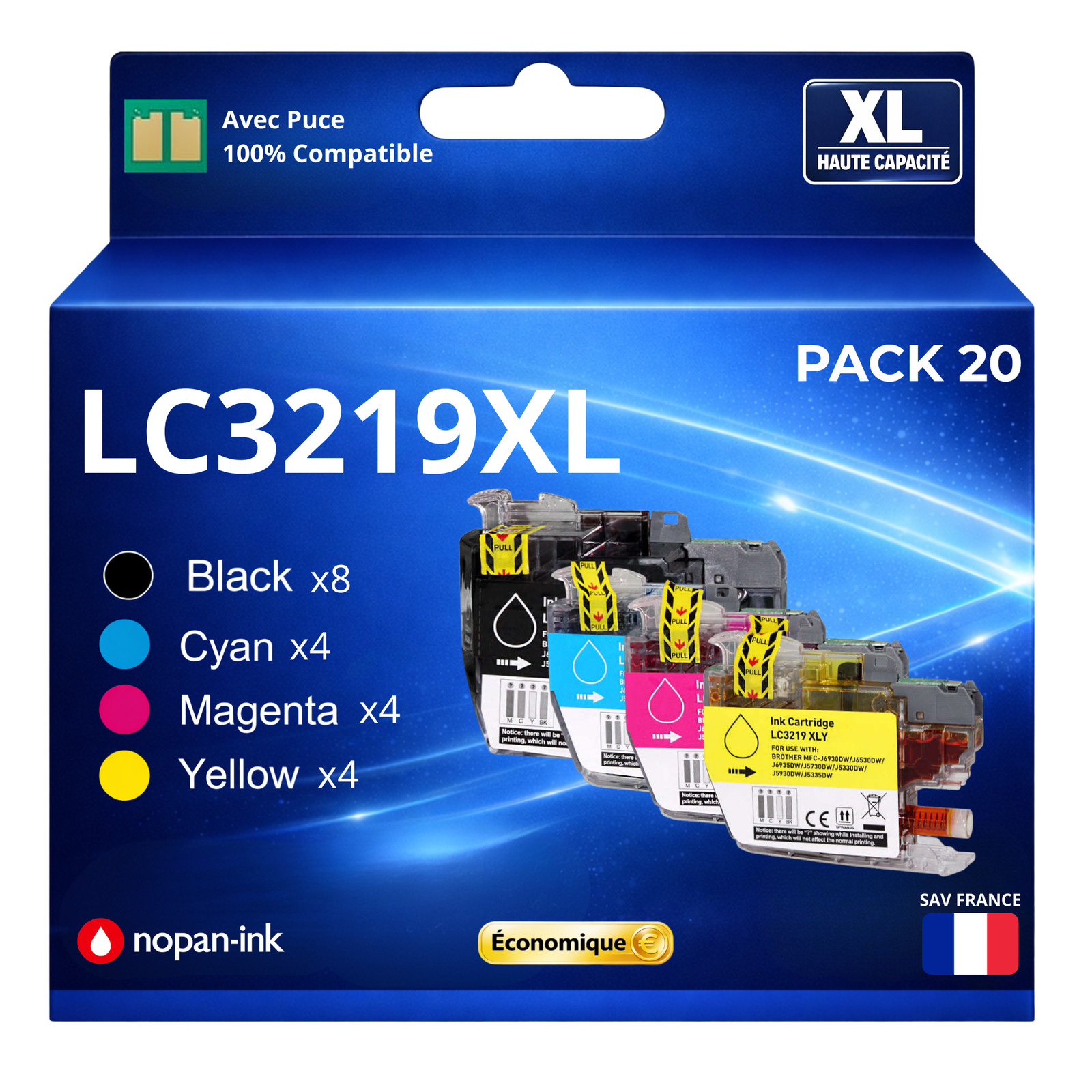 Cartouches LC3219XL Brother noir et couleur haute capacité, pack de 20 pour imprimante jet d'encre