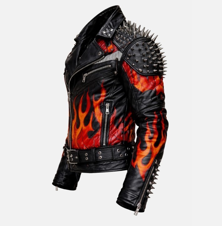 Wind Armor flame フレイム レザーライダースジャケット LL Unisex Studded Black Leather Jacket Flames🔥Leather Biker v bomber