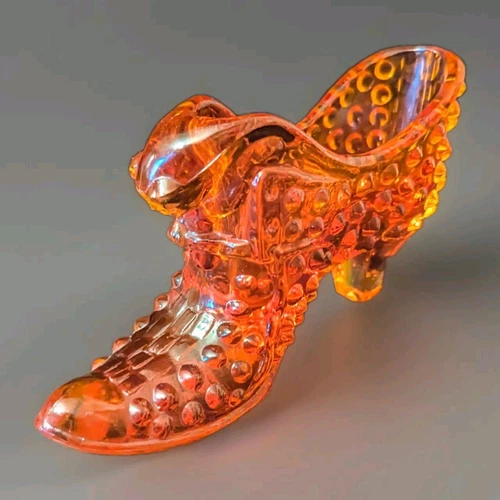 VTG Fenton Hobnail Amberina Puss-N-Boots Art Glass Shoe Figurine Cat Red Yellow