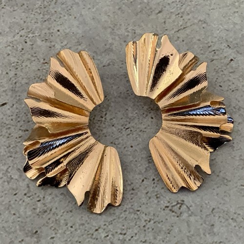 Gold Tone Fan Shell Statement Earrings Brushed Textured Bold Sculptural Earrings
