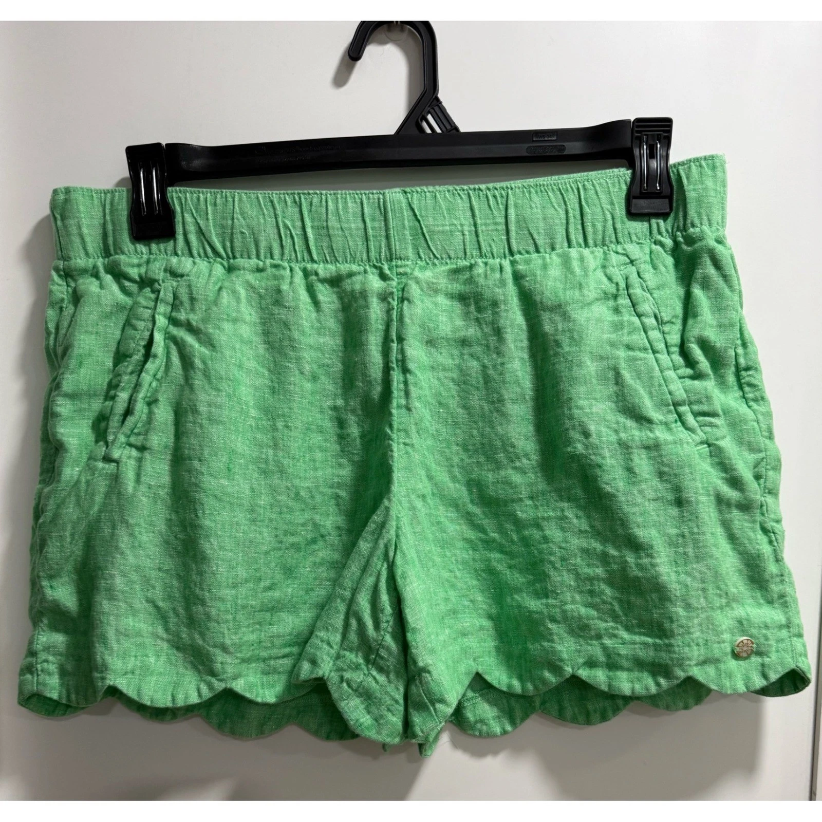 Lilly Pulitzer Green 100% Linen Scalloped Hem Elastic Waist Shorts Size L 010586