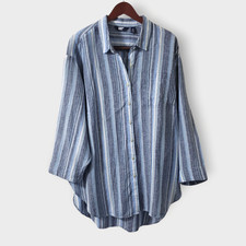 Lands' End 1X 16/18W Blue Stripe Linen Tunic Top Button Up 3/4 Sleeve Oversized