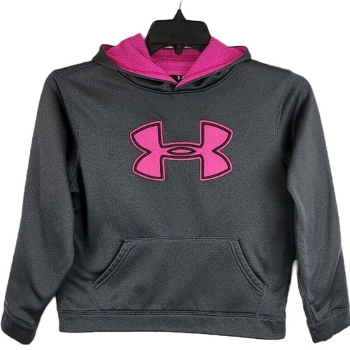 Under Armour Youth Large Loose Gray Pink Logo Storm Pullover Hoodie Sweatshirt