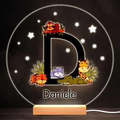 Schlafendes Baby Safari Tiere Buchstabe D rund personalisiert Geschenk Lampe Nachtlicht