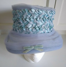 Vintage 1960's Blue Organza Tulle Bucket Hat Woven Bow Audrey Hepburn Style