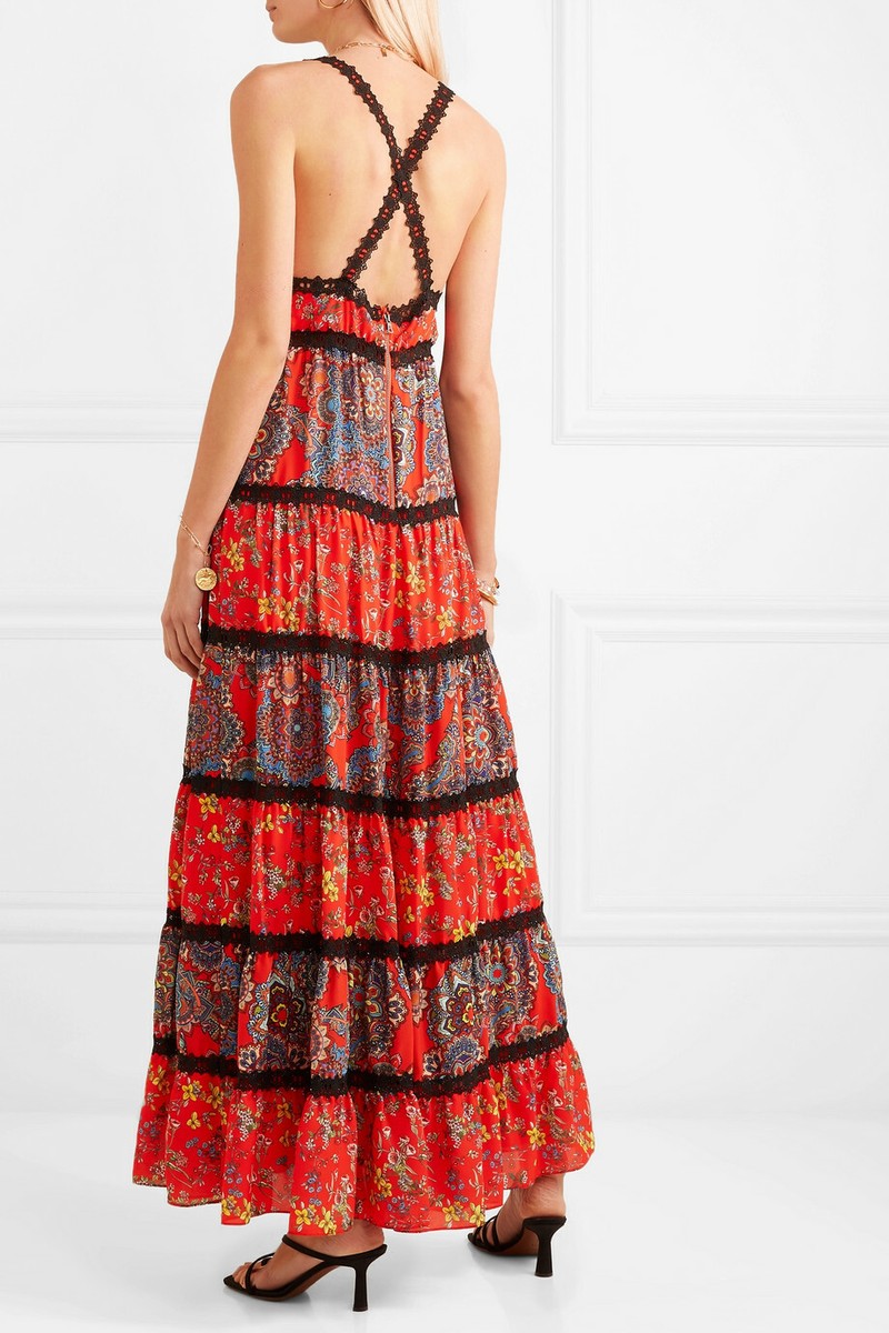 ALICE + OLIVIA Red Floral Black Lace Criss-Cross Back Tiered
