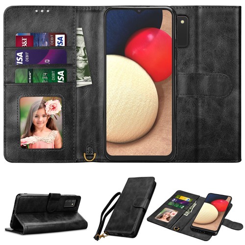 Funda billetera de cuero con soporte para tarjetas abatible con soporte para teléfono para teléfono para Samsung Galaxy A02S - Imagen 3 de 41