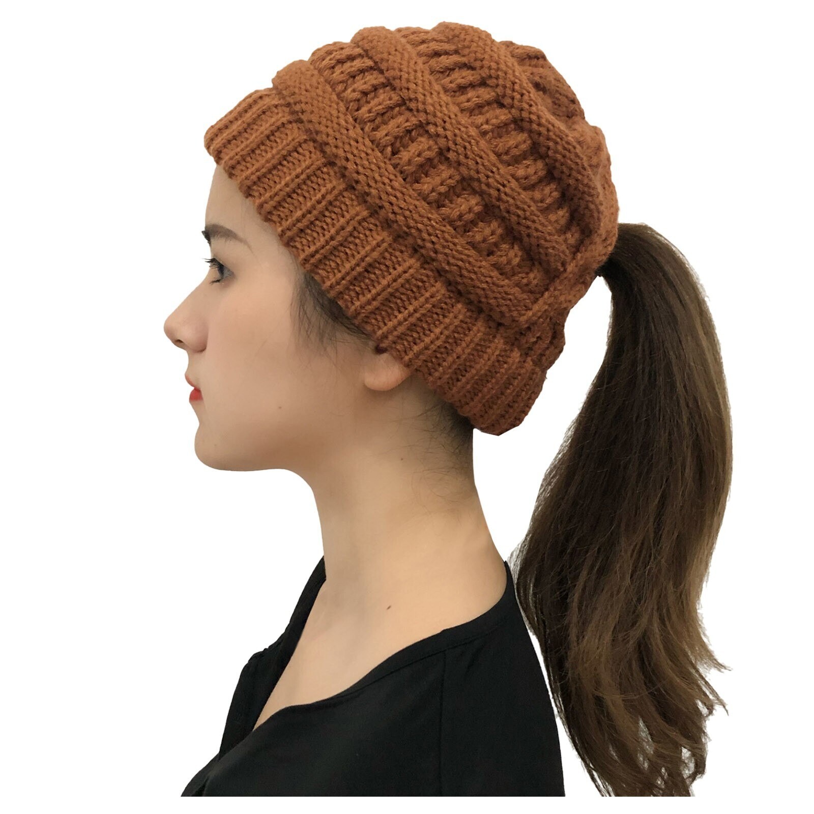 Brown Women Ponytail Messy Bun Beanie Pony Tail Winter Knit Stretch Hat US