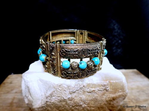 Bracelet Chinese Filigree Turquoise Siver Gilded Vintage Characters Hallmark - Picture 3 of 17