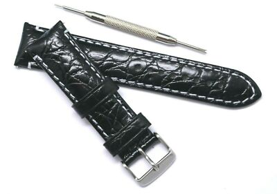 20mm 22mm Black HQ Croco Embossed Leather Water Resistant Men Watch Band W/ Tool