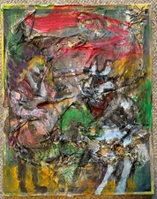 Vintage Mixed Media Figural Multi-color Painting Art Wall Hanging Pollack