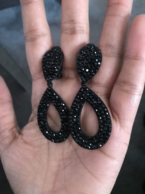 2.5'' Long Crystal Black Jet Rhinestone Bridal Earrings Pageant Costume CLIP ON