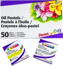 Pentel Arts Oil Pastels - 50 Color Set with Metallic and Fluorescent Packs