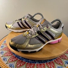 Adidas G53242 Sz 7 Womens Sneakers Grey Black Pink Stripes Gold Trim 3-D Cushion
