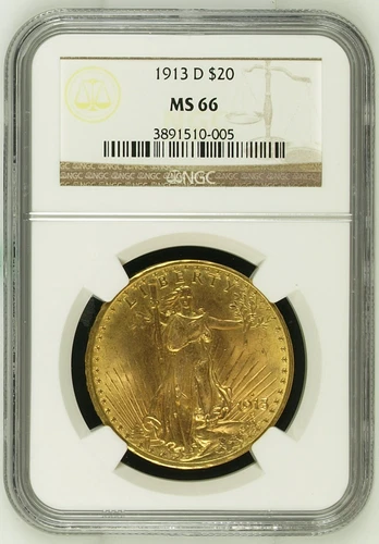 1913-D $20 NGC MS66 $20 Saint Gaudens Gold Double Eagle