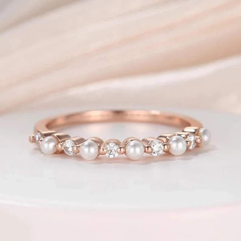 Alianza de boda anillo de perlas circonitas para mujer banda apilable, regalo para ella, alianza de boda, Foto 3 de 4