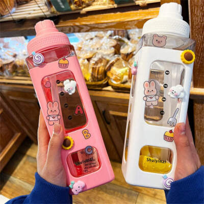 Kawaii Water Bottle With Straw 3D Cute Bear Sticker Bpa Free Plastic Square Sipp