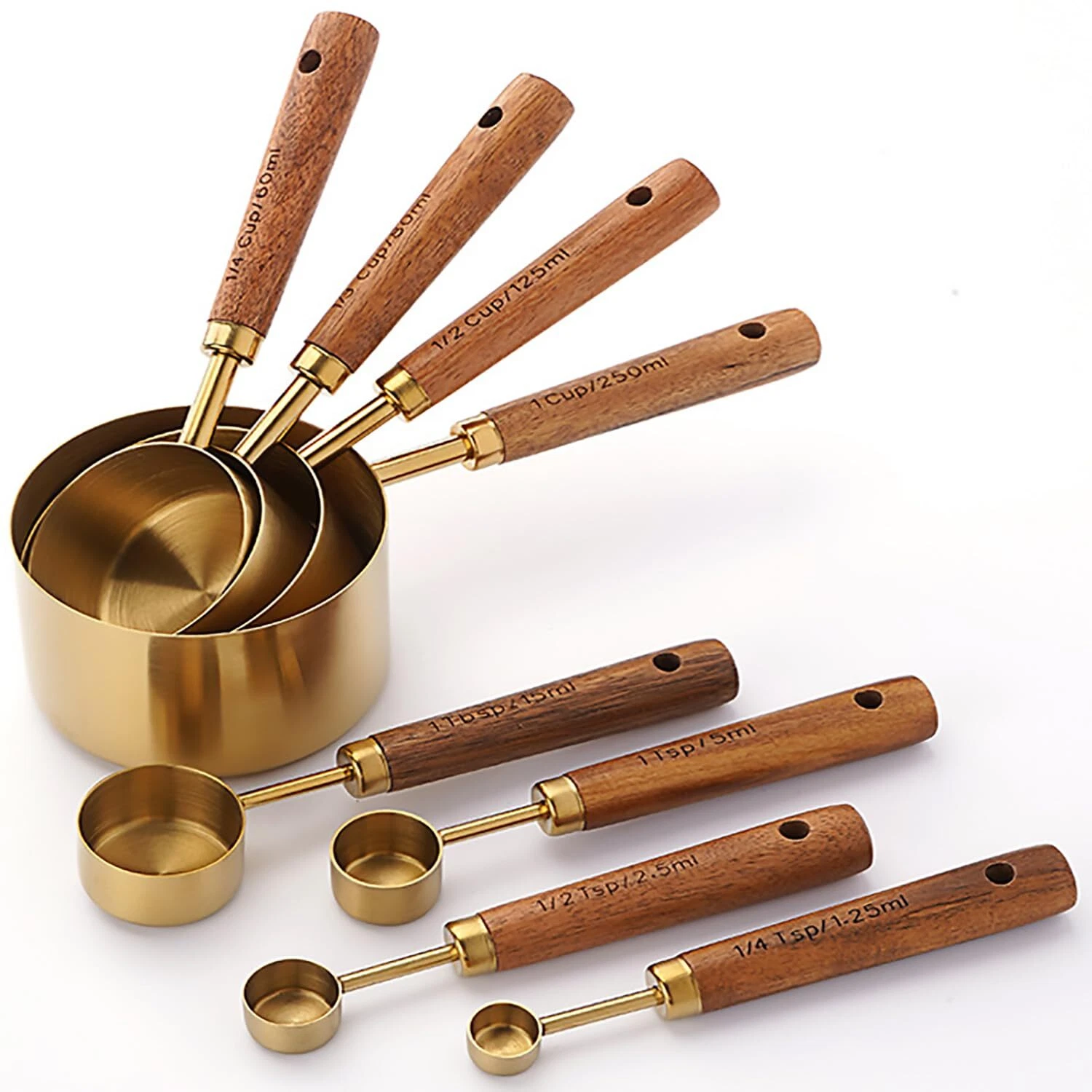 8 Pcs Stainless Steel Measuring Cups and Spoons Set w/ Wooden Handle for Kitchen