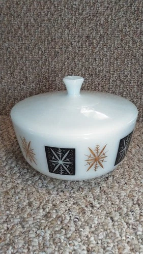 Federal Glass ATOMIC STARBURST BLACK & GOLD 2.5 Qt Retro Bowl & Lid vintage milk