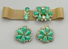 Hobe Glass Jade & Rhinestone Mesh Bracelet & Earrings