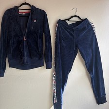 90s vintage FILA Men's Navy Blue Velour Tracksuit Jacket  Pants Set Size S
