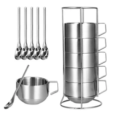 Stackable Stainless Steel Mugs, Set of 6 with Spoons & Stand, 250ml Cups for ...