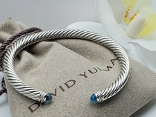 David Yurman Cable Classic Sterling Silver Blue Topaz Diamond 5mm Cuff Bracelet