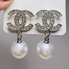 Crystal Stud Earrings Faux Pearl Drop Dangle Screw Back Silver