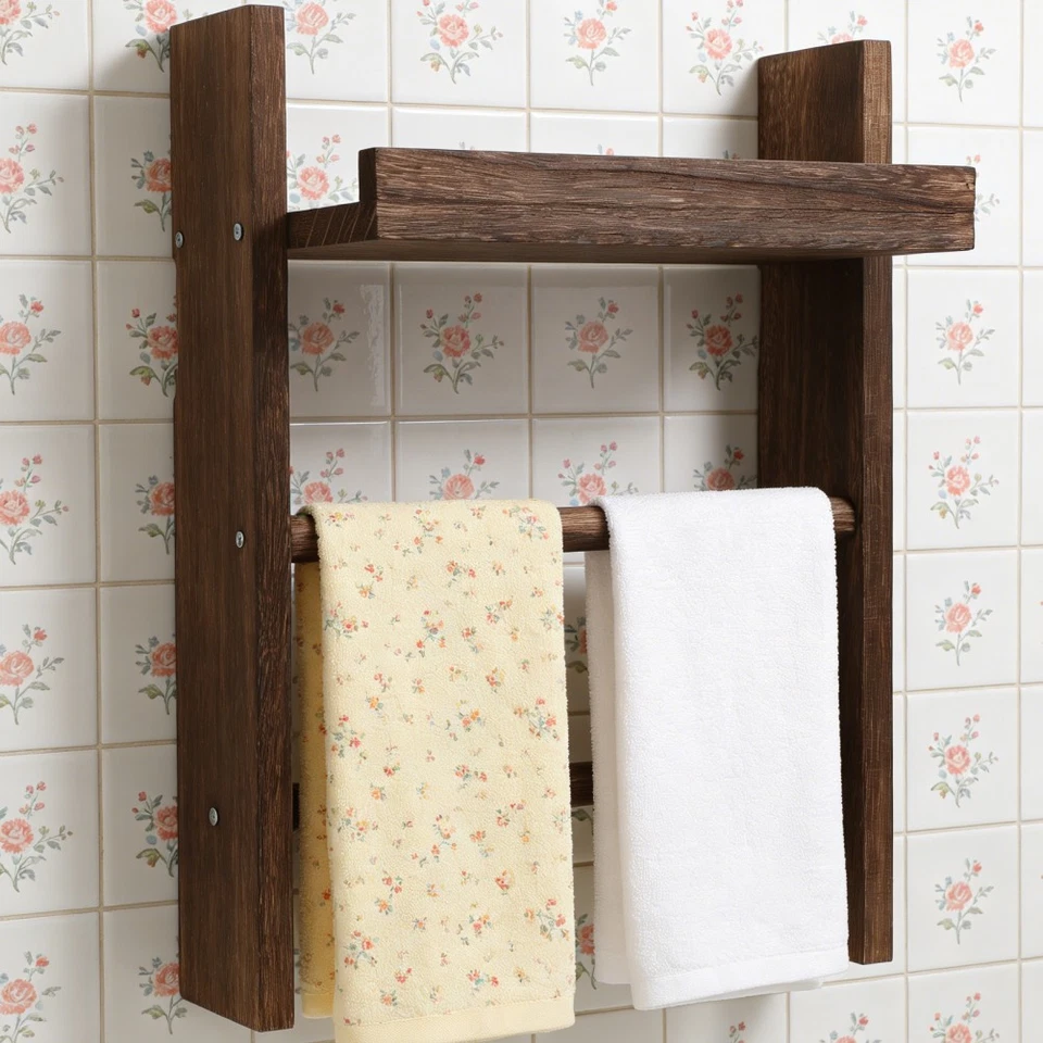Porte Serviette En Bois Vintage Porte-serviettes De Salle Bain Rustique - Photo 4/4