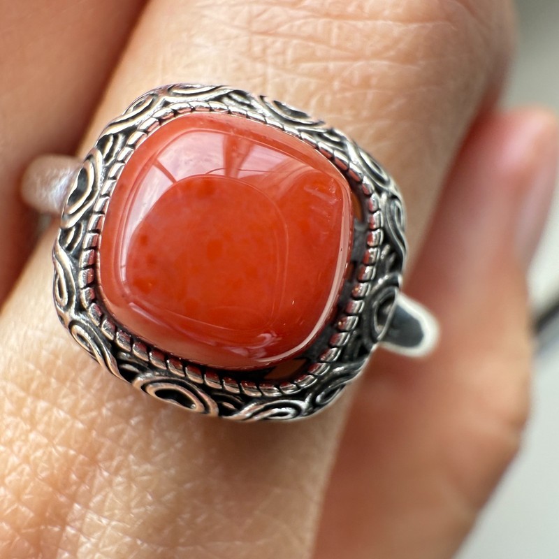 925 Sterling Silver Ring 8x8mm Square Natural Red Agate Gemstone Women Jewelry
