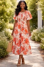 Floral Print Smocked Midi Dress Womens Short Sleeve Tiered Ruffle L